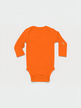 Iksplor baby long-sleeve bodysuit in vibrant orange merino wool with a small mountain logo on the left cuff. #color_poppy