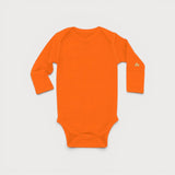 Iksplor baby long-sleeve bodysuit in vibrant orange merino wool with a small mountain logo on the left cuff. #color_poppy