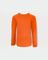Iksplor kids long sleeve merino wool top in bright orange with thumbhole cuffs for warmth and comfort.  #color_poppy