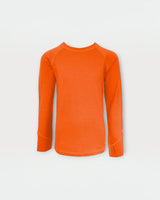 Iksplor kids long sleeve merino wool top in bright orange with thumbhole cuffs for warmth and comfort.  #color_poppy