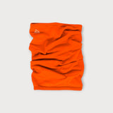 Iksplor bright orange merino wool neck gaiter with a small white mountain logo on a light grey background. #color_poppy