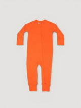 Iksplor vibrant orange merino wool infant zip romper with long sleeves and full-length front zipper for easy changes. #color_poppy