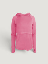 Iksplor pink merino wool nursing sun hoodie with UPF 50 protection and thumbhole cuffs. #color_alpenglow