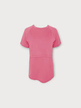 Iksplor pink short sleeve merino wool nursing t-shirt with discreet access for breastfeeding on a light background 
#color_alpenglow