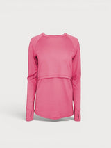 Iksplor pink merino wool long sleeve nursing top with discreet access and thumb holes for outdoor activities. #color_alpenglow