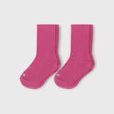 Iksplor pink merino wool and tencel blend trail socks for kids, featuring a comfortable stay-put design. #color_desert rose
