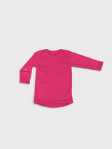 Iksplor baby long sleeve shirt in bright pink merino wool with lap shoulders and fold-over hand mitts