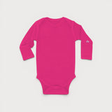 Iksplor baby long-sleeve bodysuit in bright pink merino wool with a small mountain logo on the left sleeve. #color_peak pink