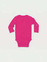 Iksplor baby long-sleeve bodysuit in bright pink merino wool with a small mountain logo on the left sleeve. #color_peak pink