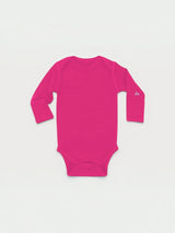 Iksplor baby long-sleeve bodysuit in bright pink merino wool with a small mountain logo on the left sleeve. #color_peak pink