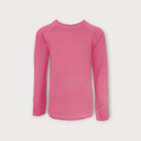 Iksplor kids long sleeve merino wool top in bright pink with thumbhole cuffs for warmth and comfort.  #color_alpenglow