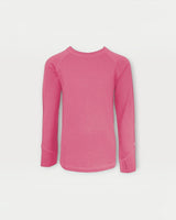 Iksplor kids long sleeve merino wool top in bright pink with thumbhole cuffs for warmth and comfort.  #color_alpenglow