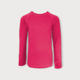 Iksplor kids long sleeve merino wool top in bright pink with thumbhole cuffs for base layer comfort.  #color_peak pink