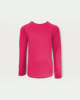 Iksplor kids long sleeve merino wool top in bright pink with thumbhole cuffs for base layer comfort.  #color_peak pink