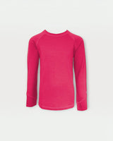 Iksplor kids long sleeve merino wool top in bright pink with thumbhole cuffs for base layer comfort.  #color_peak pink