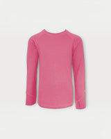 Iksplor kids long sleeve merino wool top in bright pink with thumbhole cuffs for warmth and comfort.  #color_alpenglow