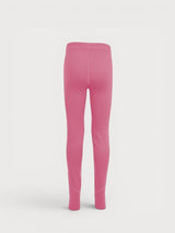 Iksplor kids pink merino wool base layer leggings, soft and breathable thermal pants for outdoor activities. #color_alpenglow