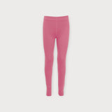 Iksplor kids merino wool base layer leggings in a vibrant pink colour, featuring a soft and breathable ribbed design. #color_alpenglow
