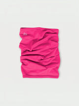 Iksplor bright pink merino wool neck gaiter with a small white mountain logo on a light grey background. #color_peak pink