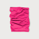 Iksplor bright pink merino wool neck gaiter with a small white mountain logo on a light grey background. #color_peak pink