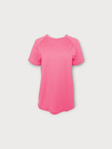 Iksplor bright pink merino wool t-shirt with short raglan sleeves and a breathable, temperature-regulating design. #color_alpenglow