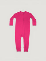 Iksplor vibrant pink merino wool infant zip romper with long sleeves and full-length front zipper for easy changes. #color_peak pink