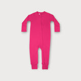 Iksplor vibrant pink merino wool infant zip romper with long sleeves and full-length front zipper for easy changes. #color_peak pink