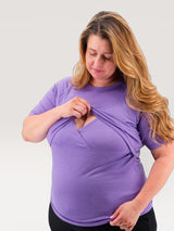 Iksplor purple merino wool short sleeve nursing t-shirt with discreet lift-up access worn by a woman #color_lilac