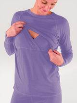 Iksplor purple merino wool long sleeve nursing top with discreet chest access and thumb holes on a woman #color_lilac