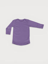 Iksplor baby long sleeve shirt in purple merino wool with lap shoulders and fold-over hand mitts.  #color_lilac