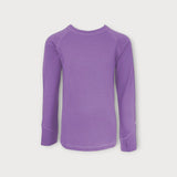 Iksplor kids long sleeve top in purple merino wool with thumbhole cuffs for base layer comfort.  #color_lilac