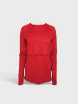 Iksplor red merino wool long sleeve nursing top with thumb holes and discreet breastfeeding access. #color_campfire