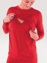 Iksplor red merino wool long sleeve nursing top with discreet access and thumb holes on a woman #color_campfire