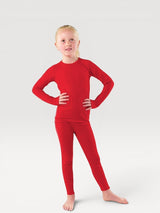 Child wearing Iksplor bright red merino wool long sleeve base layer top and matching leggings #color_campfire