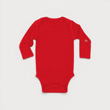Iksplor baby long-sleeve bodysuit in bright red merino wool with a small mountain logo on the left sleeve. #color_campfire