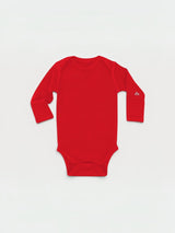 Iksplor baby long-sleeve bodysuit in bright red merino wool with a small mountain logo on the left sleeve. #color_campfire