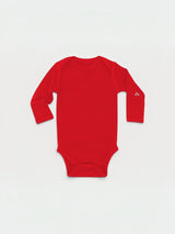 Iksplor baby long-sleeve bodysuit in bright red merino wool with a small mountain logo on the left sleeve. #color_campfire