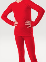 Iksplor kids red merino wool long sleeve base layer top and matching leggings set for cold weather activities. #color_campfire
