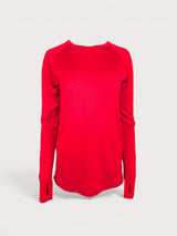 Iksplor red merino wool long sleeve top with thumbhole cuffs for temperature regulation and layering. #color_campfire