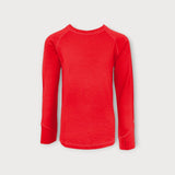 Iksplor kids long sleeve top in bright red merino wool with thumbhole cuffs for warmth and comfort.  #color_campfire