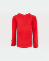 Iksplor kids long sleeve top in bright red merino wool with thumbhole cuffs for warmth and comfort.  #color_campfire