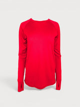 Iksplor red merino wool long sleeve top with thumbhole cuffs for temperature regulation and layering. #color_campfire