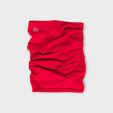 Iksplor red merino wool neck gaiter with a small white mountain logo, versatile for face or head covering. #color_campfire