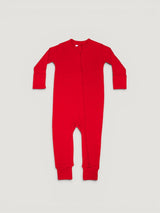 Iksplor vibrant red merino wool infant zip romper with long sleeves and full-length front zipper for easy dressing. #color_campfire