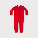 Iksplor vibrant red merino wool infant zip romper with long sleeves and full-length front zipper for easy dressing. #color_campfire