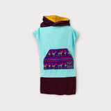 Iksplor x SURreal turquoise and maroon hooded towel poncho with a patterned front pocket and yellow hood lining. #color_high tide
