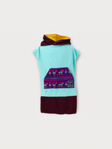 Iksplor x SURreal turquoise and maroon hooded towel poncho with a patterned front pocket and yellow hood lining. #color_high tide