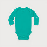 Iksplor baby long-sleeve bodysuit in vibrant teal merino wool with a small mountain logo on the left sleeve. #color_tidepool