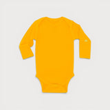 Iksplor baby long-sleeve bodysuit in bright yellow merino wool with a small mountain logo on the sleeve. #color_yellowstone
